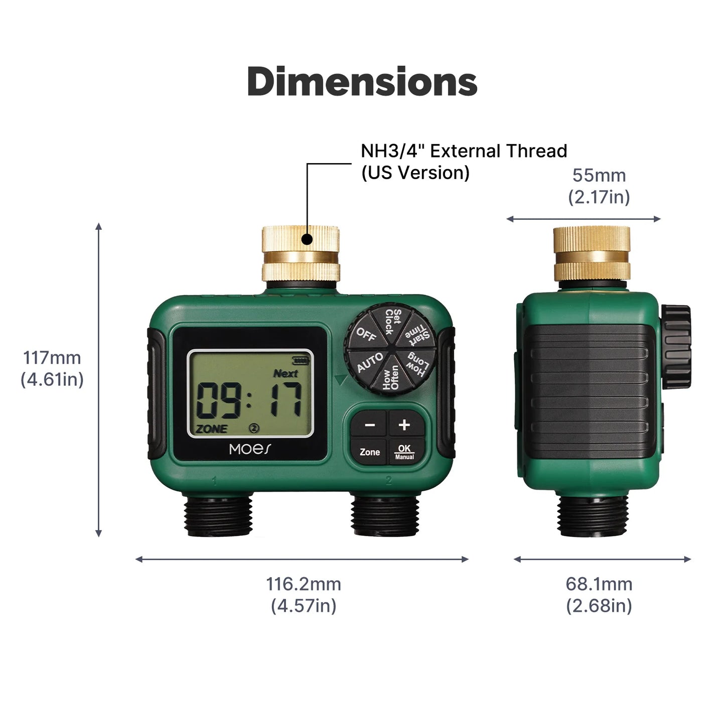 MOES Water Timer 2-Outlet Brass Inlet IPX5 Waterproof Rotary Knob Button Control With LCD Display Screen Rain Delay Child Lock