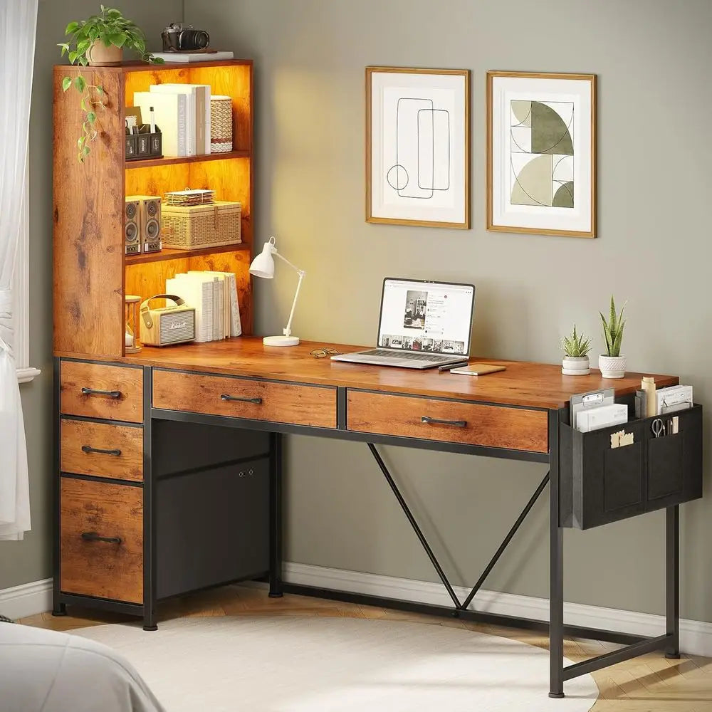 5-Drawer Rustic Brown Desk with Bookshelf and LED Lights, Compact Home Office Gaming Corner Desk with Storage Customized
