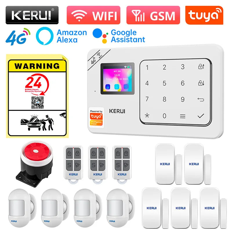 KERUI Home Alarm Worke with Alexa, Tuya Smart Home Sesurity Alarm 4G/WiFi Wireless Burglary Protection, PIR Motion Sensor W184
