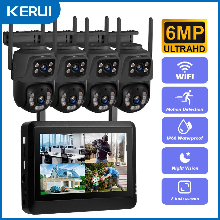 KERUI Wireless 6MP Dual Lens WIFI IP Camera 8CH NVR 7-inch LCD Screen Video Recorder Home Security Camera System Surveillance