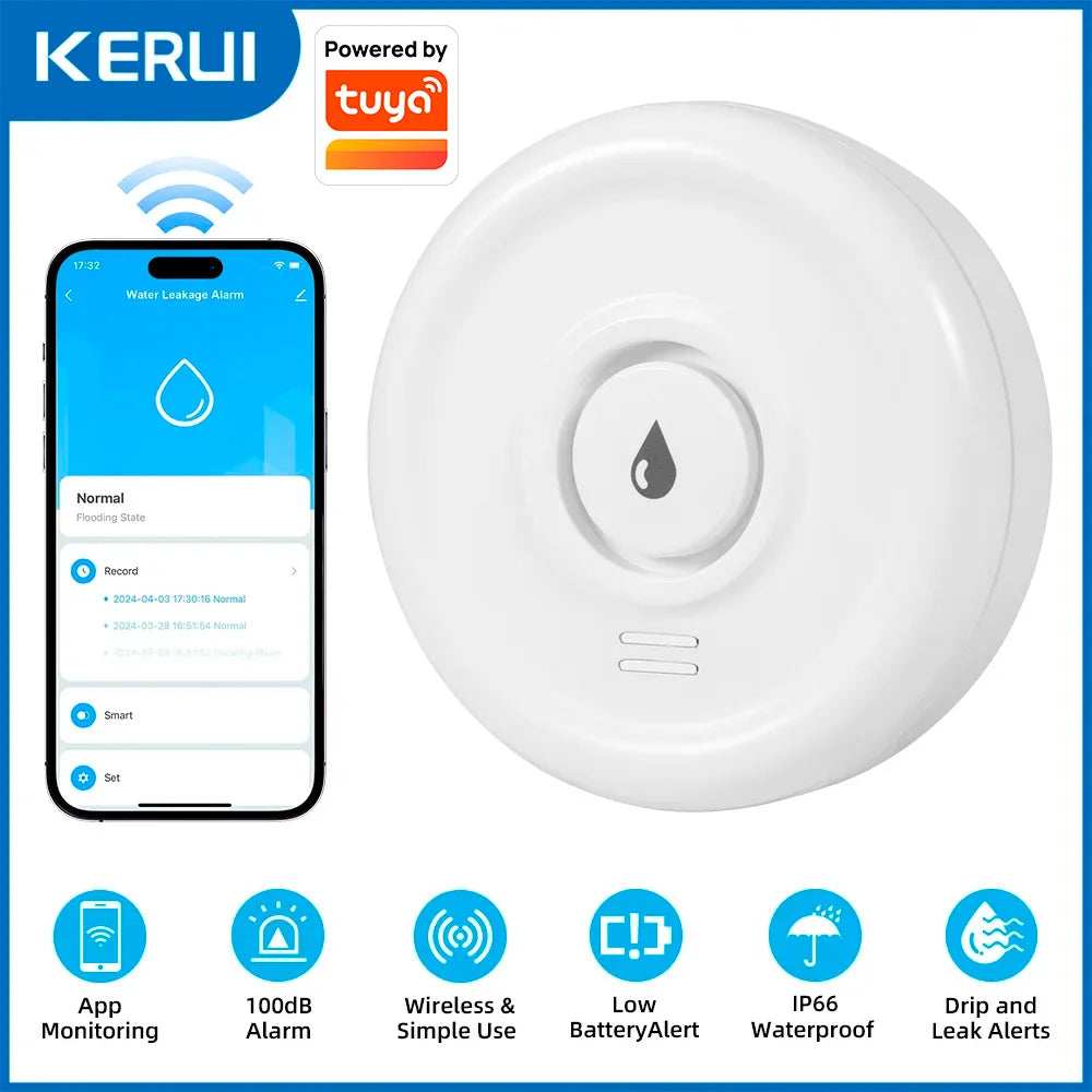 KERUI WiFi Flood Sensor Detector Works with Tuya Loudly Sound Alarm Alert Water Leakage Sensor Detection App Remote Monitoring