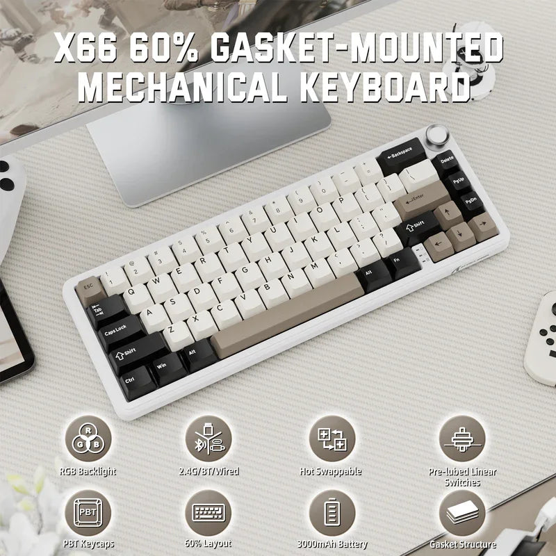 ATTACK SHARK X66 Wireless Mechanical Keyboard with Side Printed PBT Keycaps BT & 2.4G Wireless & Type -C Wired Hot-swap 16 Milli