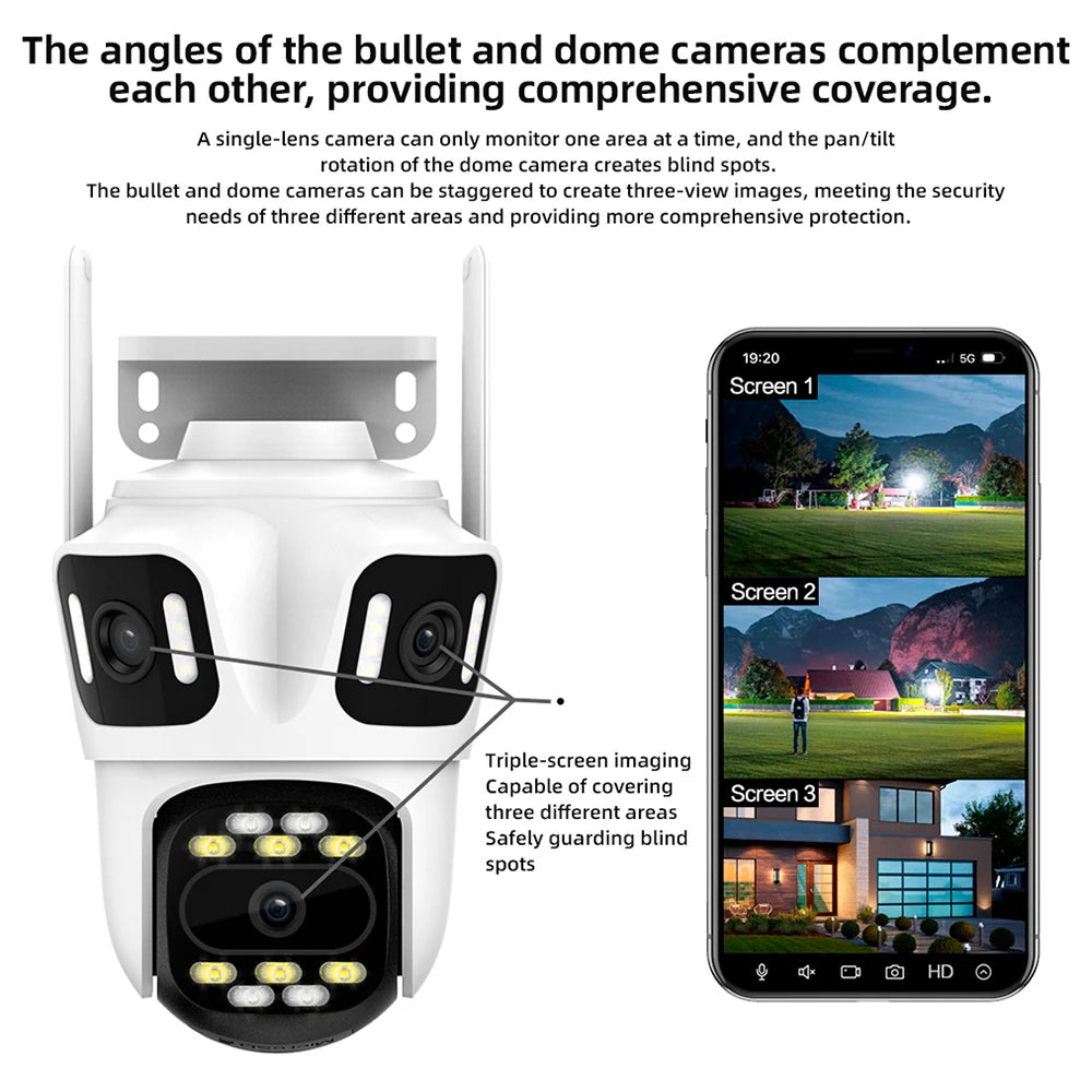 KERUI Icsee Outdoor PTZ 6K WIFI IP Camera Home Security Triple Lens Camera CCTV Video Surveillance With Triple Screens