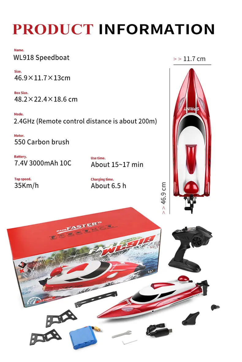 WL918 RC Boat 2.4G Speed 35 Km/H Remote Control High Speed Racing Boat With Water Cooling System Low Voltage Alarm Toy Boy Gift