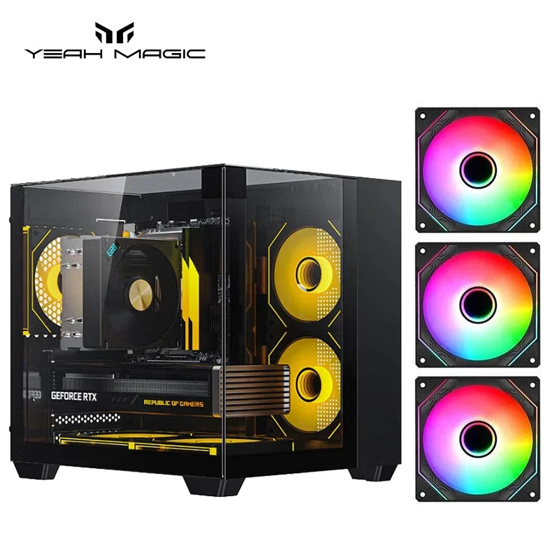 Yeah Magic CUBE Computer Case 3-Panel Tempered  Panoramic View 3 Pre-Installed Cooling Fans Supports MATX/ITX Motherboard