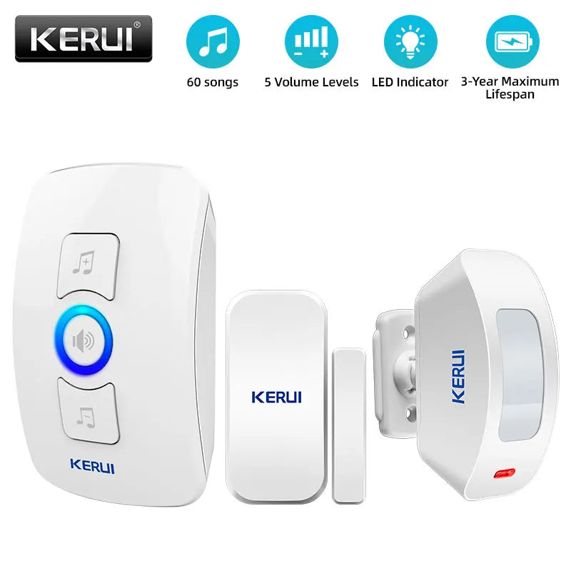 KERUI Wireless Doorbell Home Security Welcome Chime Door Bell Work with PIR Motion Detector Door Sensor Sound Alarm Ring Button