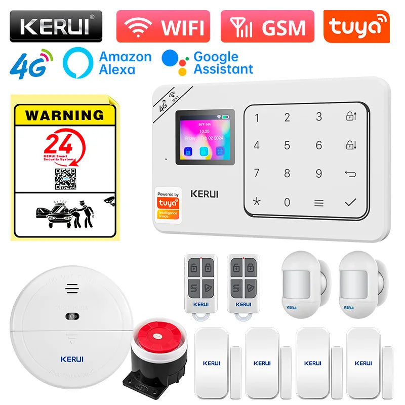 KERUI Home Alarm Worke with Alexa, Tuya Smart Home Sesurity Alarm 4G/WiFi Wireless Burglary Protection, PIR Motion Sensor W184
