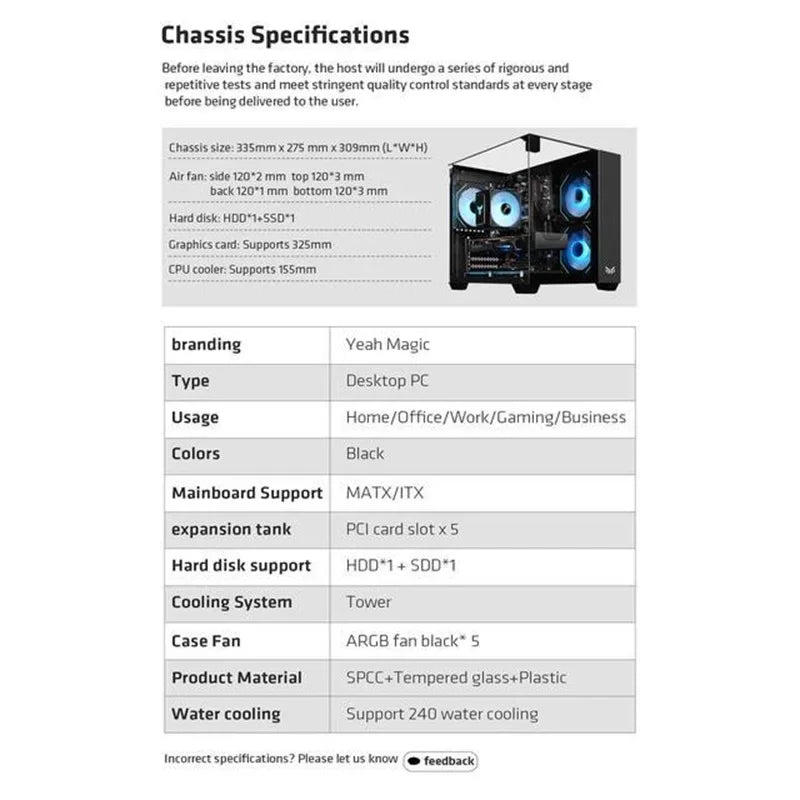 Yeah Magic CUBE Computer Case 3-Panel Tempered  Panoramic View 3 Pre-Installed Cooling Fans Supports MATX/ITX Motherboard