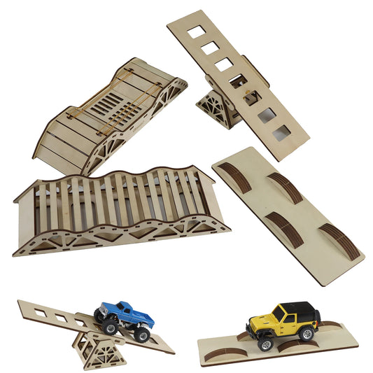 4PCS RC Wooden Bridge Obstacle Set, DIY Steep Slope Desktop Simulation Course for 1/36 Scale RC Crawler Car Accessories