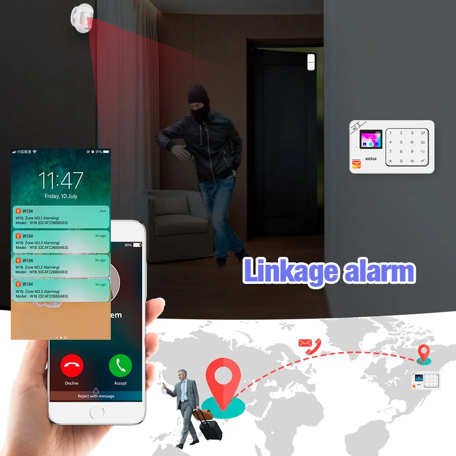 KERUI Home Alarm Worke with Alexa, Tuya Smart Home Sesurity Alarm 4G/WiFi Wireless Burglary Protection, PIR Motion Sensor W184