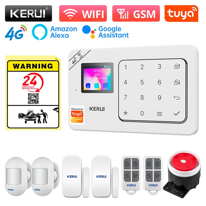 KERUI Home Alarm Worke with Alexa, Tuya Smart Home Sesurity Alarm 4G/WiFi Wireless Burglary Protection, PIR Motion Sensor W184