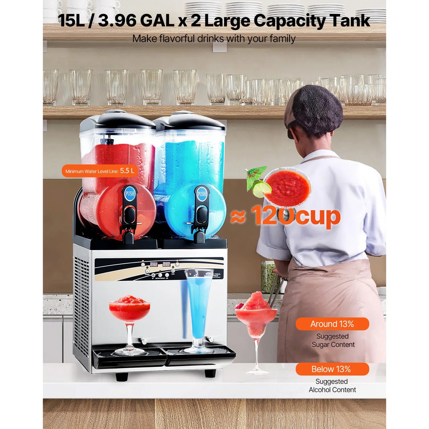 SucceBuy Commercial Frozen Drink Maker 15Lx2 Double Tank Slushy Machine 120Cups StainlessSteel Slushie Maker for Home Party Cafe