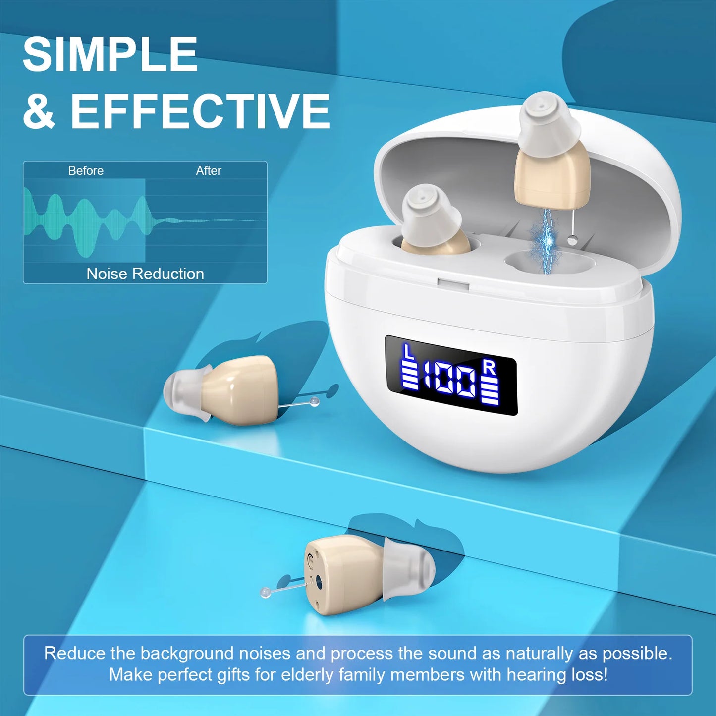 Mini In-ear Hearing Amplifiers Invisible Hearing Aids Adjustable Volume Hearing Aids With Rechargeable Display