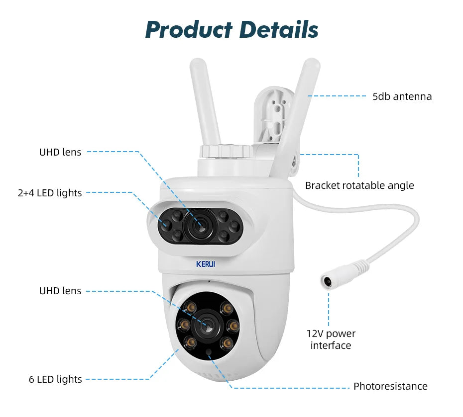 KERUI 10MP 5K PTZ IP Camera for Outside Tuya Smart 5K Dual Lens Outdoor Camera Security Night Vision Waterproof Motion Detection