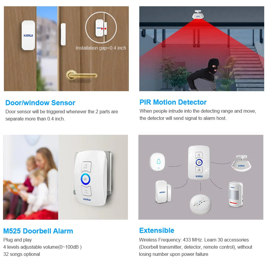 KERUI Wireless Doorbell Home Security Welcome Chime Door Bell Work with PIR Motion Detector Door Sensor Sound Alarm Ring Button