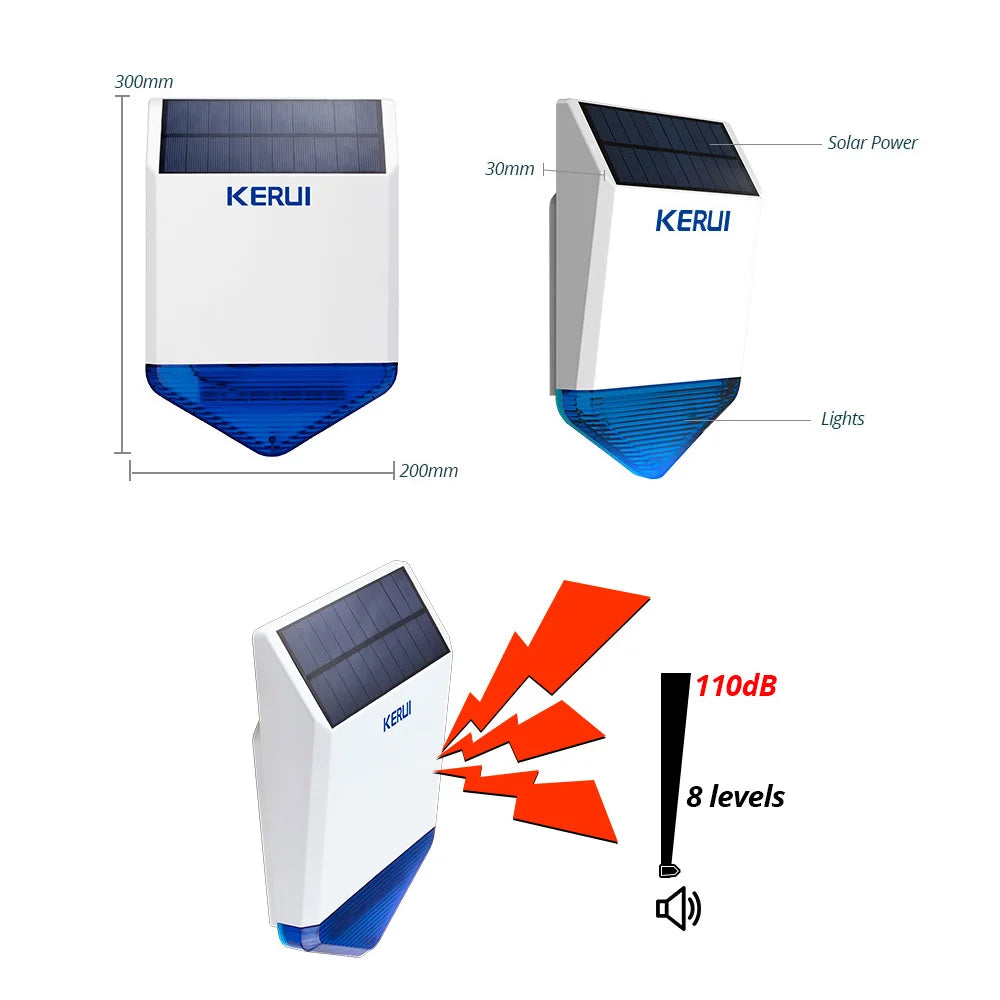 KERUI Solar Siren Panel for Outdoor Alarm Siren with Power Supply for Alarm System Security with Flashing Response Sound 110DB