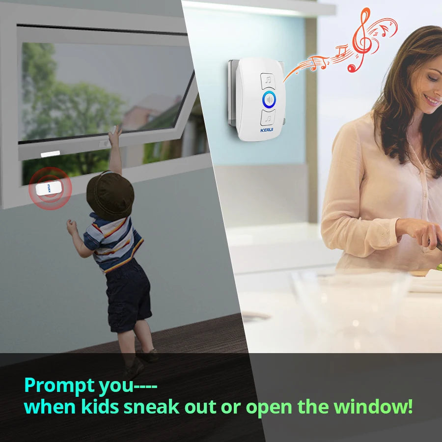 KERUI Wireless Doorbell Home Security Welcome Chime Door Bell Work with PIR Motion Detector Door Sensor Sound Alarm Ring Button