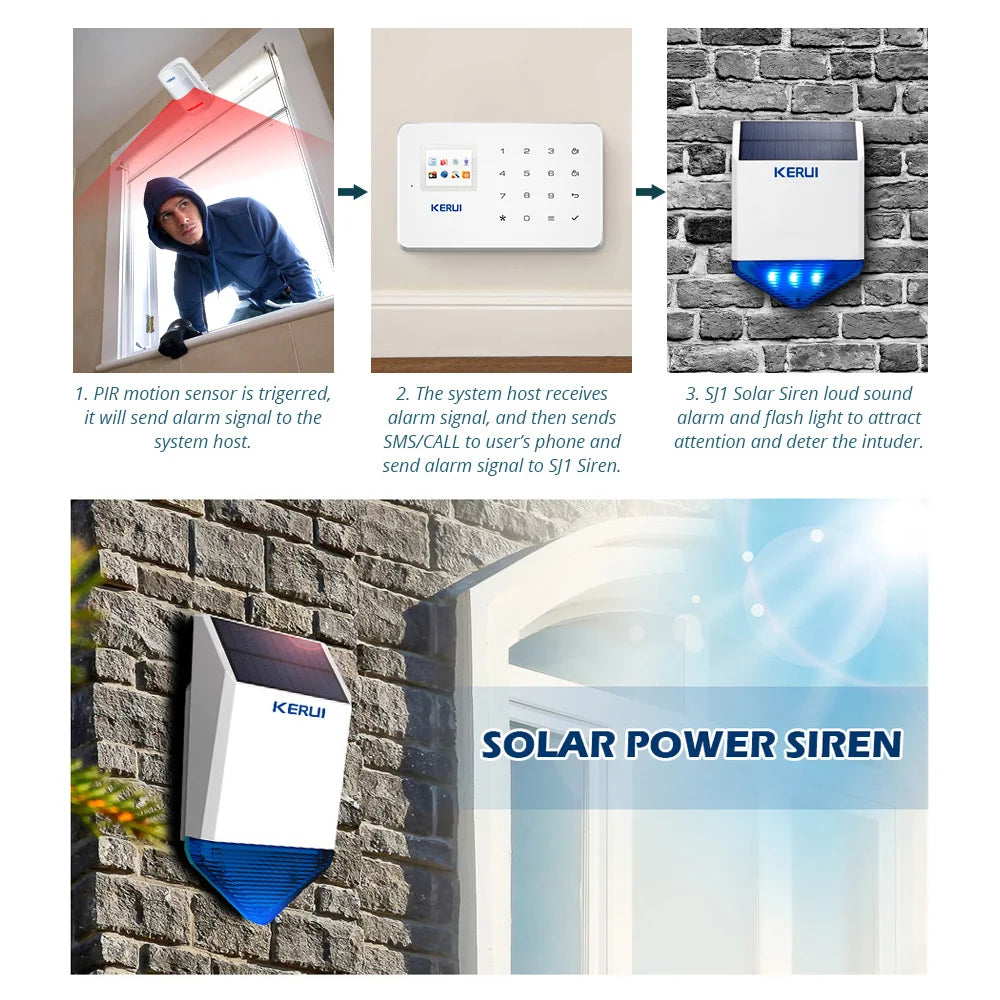 KERUI Solar Siren Panel for Outdoor Alarm Siren with Power Supply for Alarm System Security with Flashing Response Sound 110DB