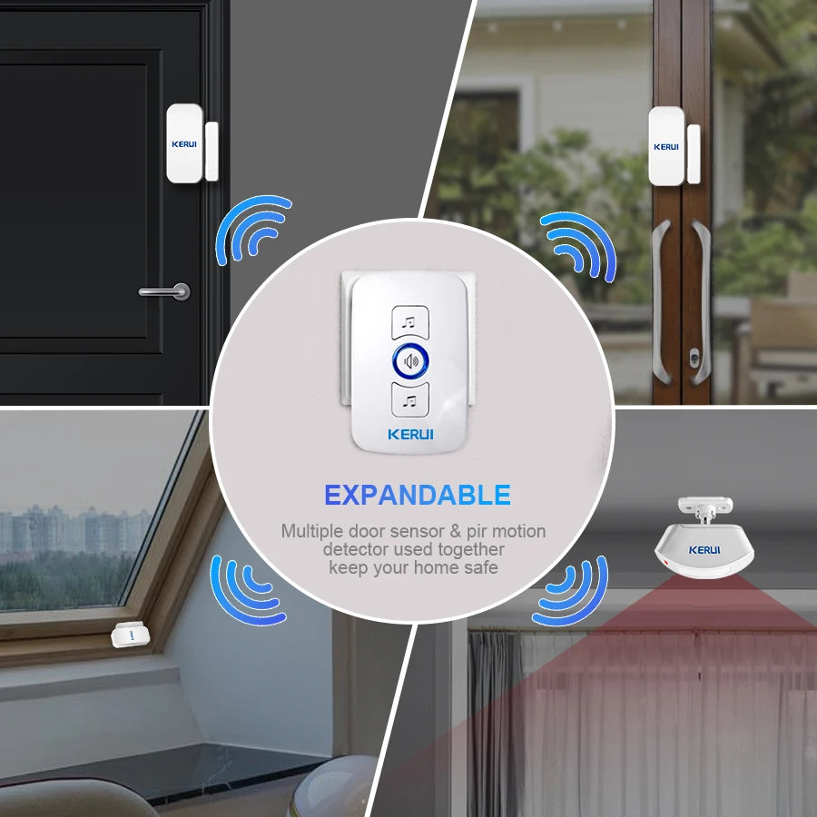 KERUI Wireless Doorbell Home Security Welcome Chime Door Bell Work with PIR Motion Detector Door Sensor Sound Alarm Ring Button