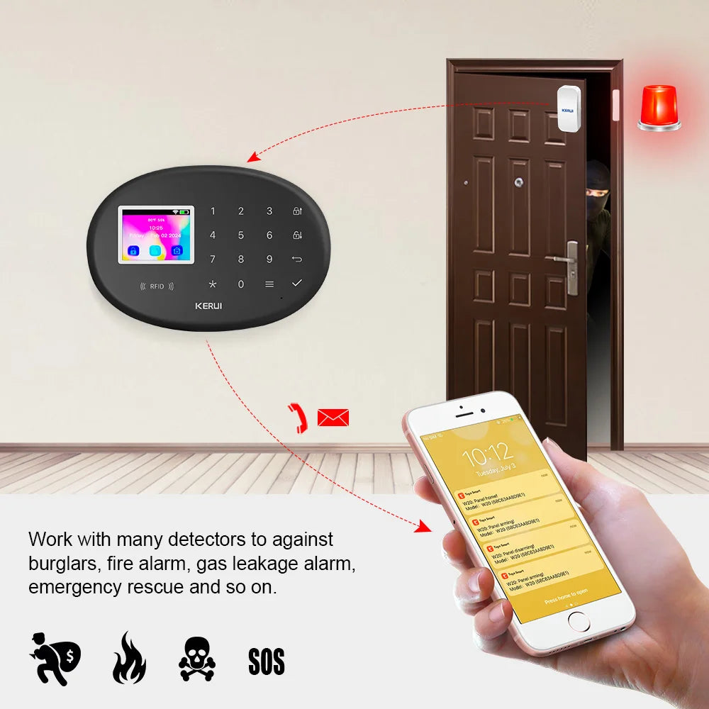 KERUI WiFi Intteligent Alarm for Home Security Alarm System Smart Life Tuya Burglar Alarm with Door/Window Sensor W202 Black