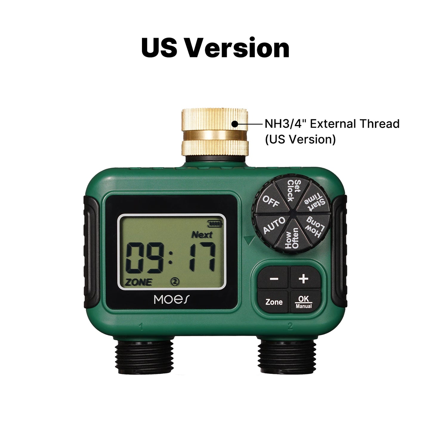 MOES Water Timer 2-Outlet Brass Inlet IPX5 Waterproof Rotary Knob Button Control With LCD Display Screen Rain Delay Child Lock