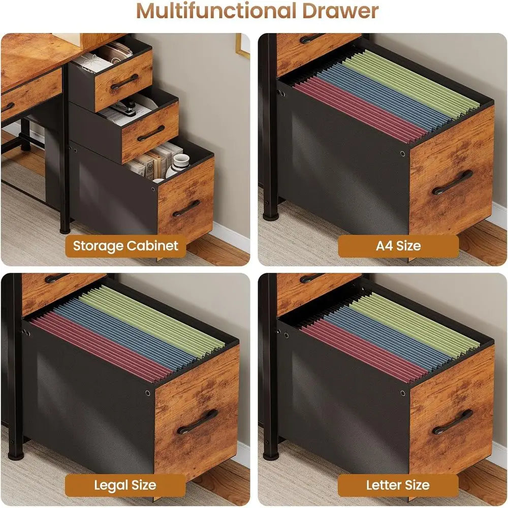 5-Drawer Rustic Brown Desk with Bookshelf and LED Lights, Compact Home Office Gaming Corner Desk with Storage Customized