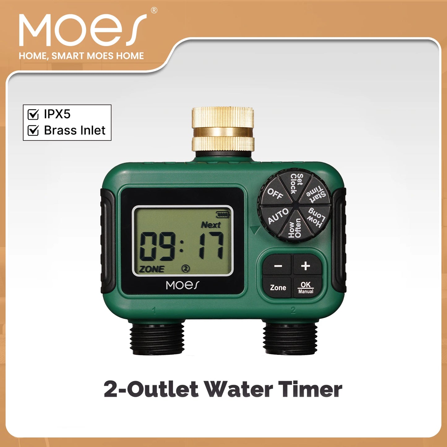MOES Water Timer 2-Outlet Brass Inlet IPX5 Waterproof Rotary Knob Button Control With LCD Display Screen Rain Delay Child Lock