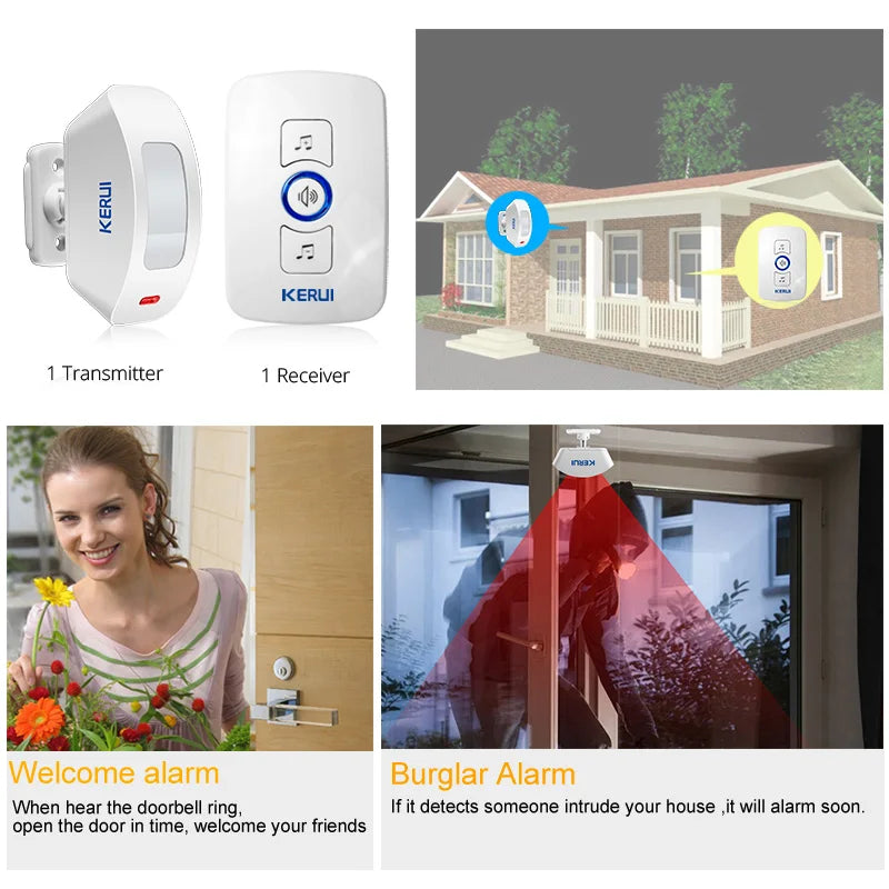 KERUI Wireless Doorbell Home Security Welcome Chime Door Bell Work with PIR Motion Detector Door Sensor Sound Alarm Ring Button