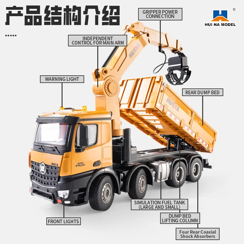 HUINA 1538 26CH RC Semi-alloy Truck 1/14 Remote Control with Wood Grab Dump Engineering Truck Dump Car Model Toy Children
