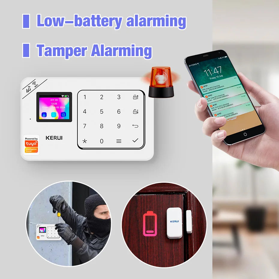KERUI Home Alarm Worke with Alexa, Tuya Smart Home Sesurity Alarm 4G/WiFi Wireless Burglary Protection, PIR Motion Sensor W184