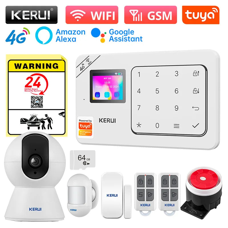 KERUI Home Alarm Worke with Alexa, Tuya Smart Home Sesurity Alarm 4G/WiFi Wireless Burglary Protection, PIR Motion Sensor W184