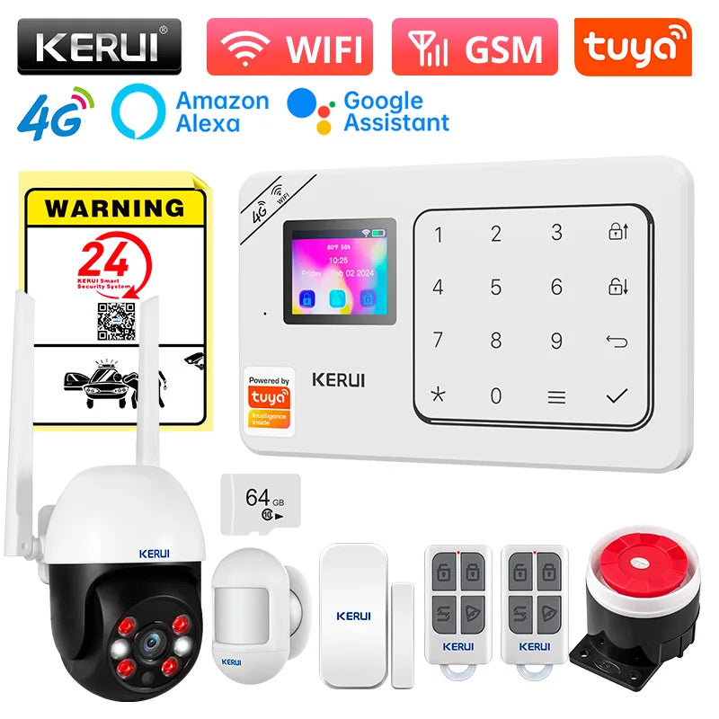KERUI Home Alarm Worke with Alexa, Tuya Smart Home Sesurity Alarm 4G/WiFi Wireless Burglary Protection, PIR Motion Sensor W184