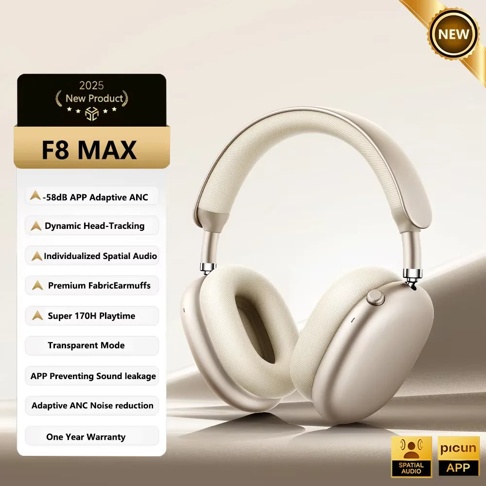 Picun F8 Pro ANC Wireless Headphones Head Tracking 3D Spatial Audio -52dB ANC HIFI Bluetooth Headset ENC HD Mic Low-Latency APP