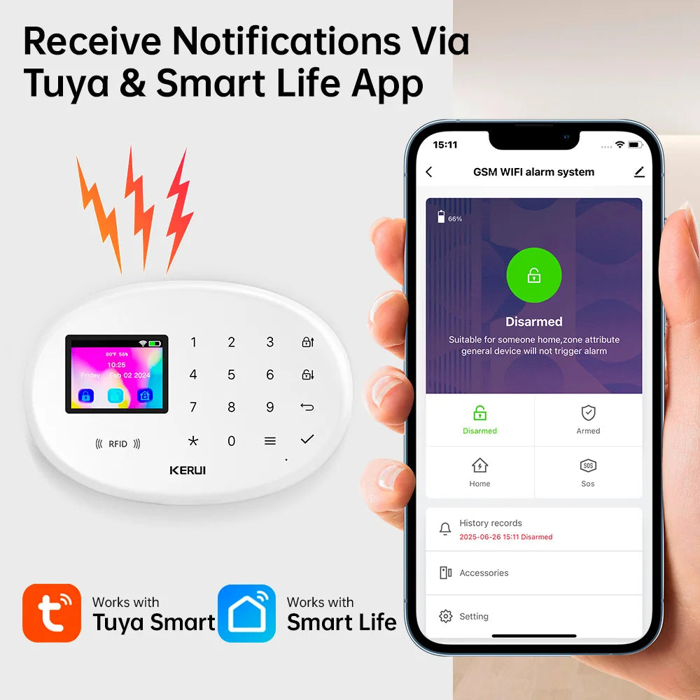 KERUI Tuya Wireless Home Alarm Kit Smart Life WiFi GSM Alarm System for Home Security W202 With 433mhz PIR Motion Sensor Siren