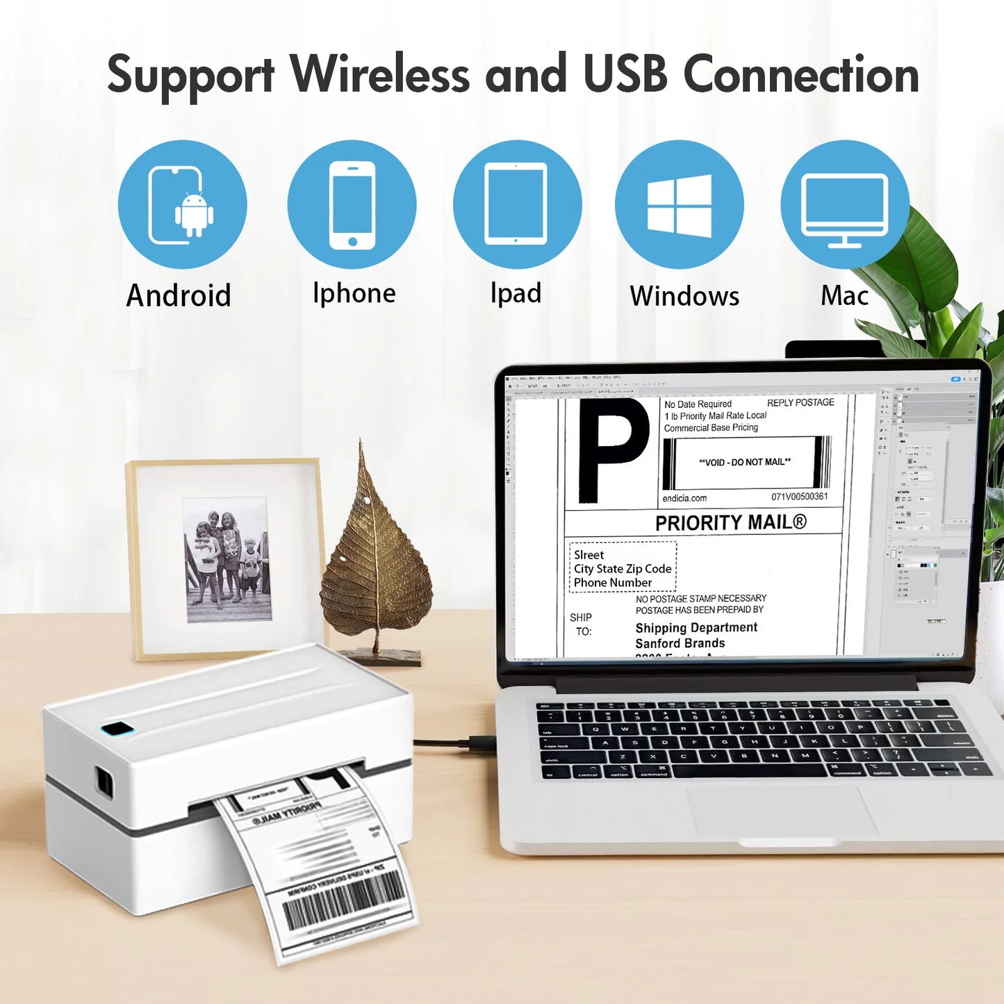 Thermal Label Printer Portable No Ink Required 203DPI 4x6 for Small Business Bluetooth USB High Speed Express Airway Bill