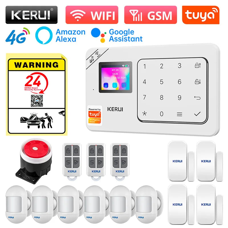 KERUI Home Alarm Worke with Alexa, Tuya Smart Home Sesurity Alarm 4G/WiFi Wireless Burglary Protection, PIR Motion Sensor W184