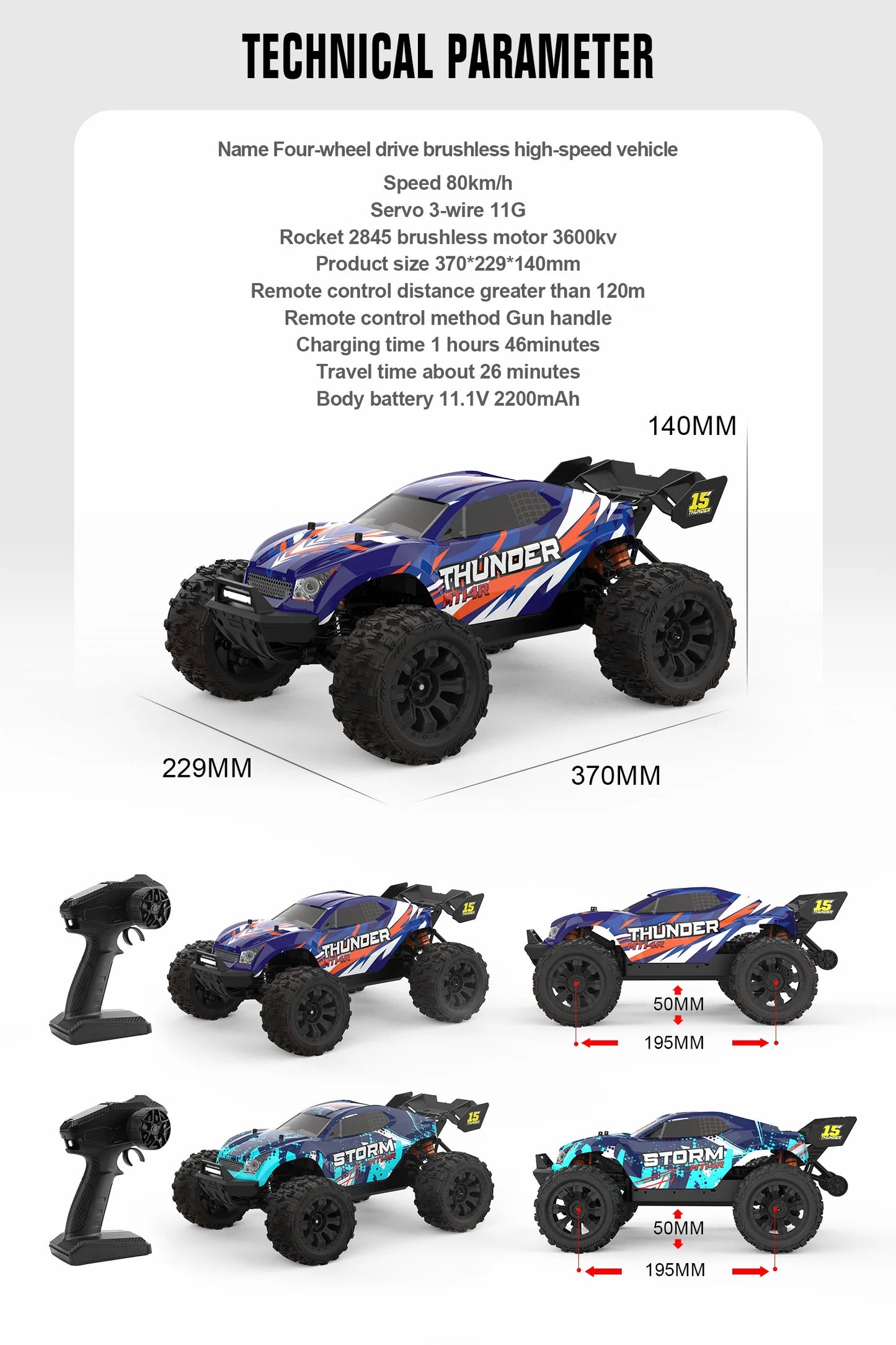 JIUSI MT14R 1/14 RC Racing Car 3S 35C 2200mAh 80km/h Brushless Motor 2.4G Remote Control 4WD   Off-road RC Trucks Toys