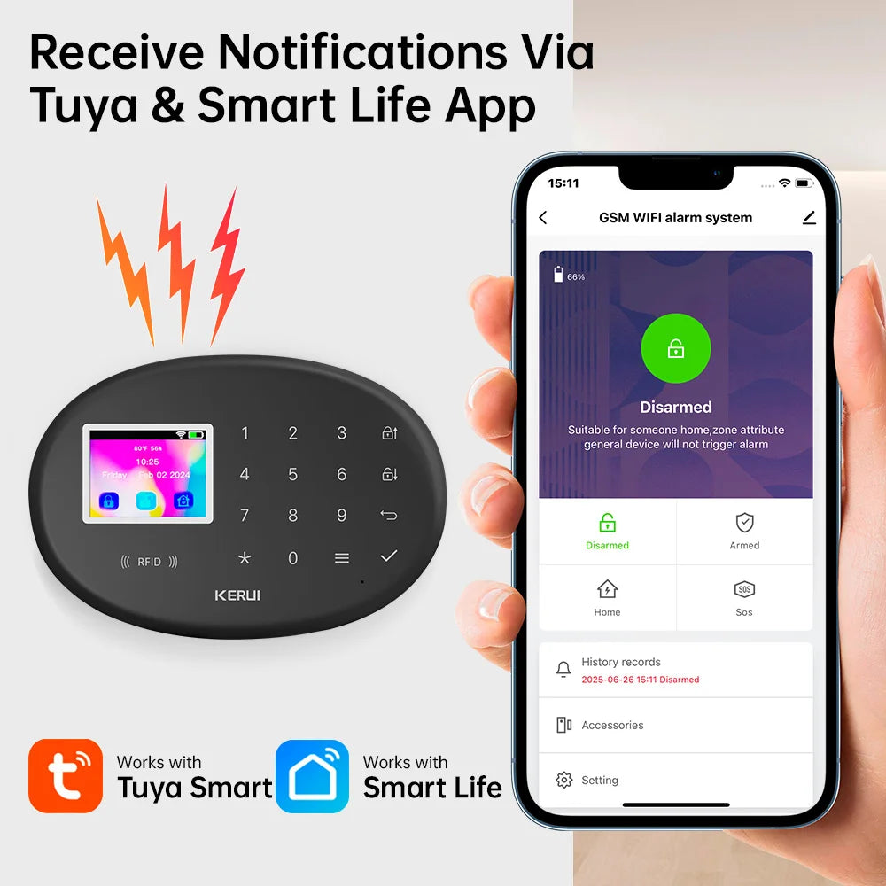 KERUI WiFi Intteligent Alarm for Home Security Alarm System Smart Life Tuya Burglar Alarm with Door/Window Sensor W202 Black