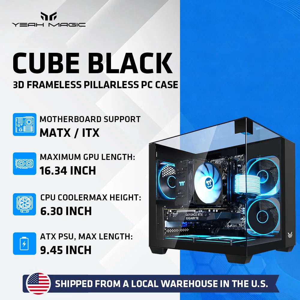 Yeah Magic CUBE Computer Case 3-Panel Tempered  Panoramic View 3 Pre-Installed Cooling Fans Supports MATX/ITX Motherboard