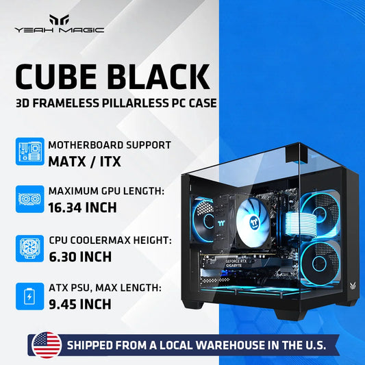 Yeah Magic CUBE Computer Case 3-Panel Tempered  Panoramic View 3 Pre-Installed Cooling Fans Supports MATX/ITX Motherboard