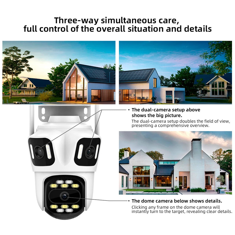 KERUI Icsee Outdoor PTZ 6K WIFI IP Camera Home Security Triple Lens Camera CCTV Video Surveillance With Triple Screens