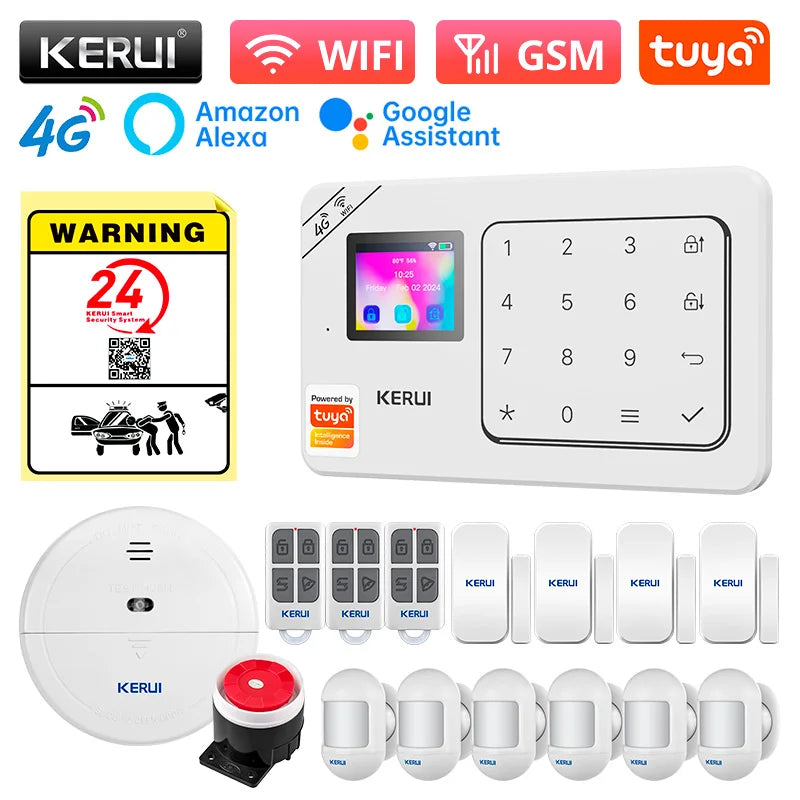 KERUI Home Alarm Worke with Alexa, Tuya Smart Home Sesurity Alarm 4G/WiFi Wireless Burglary Protection, PIR Motion Sensor W184