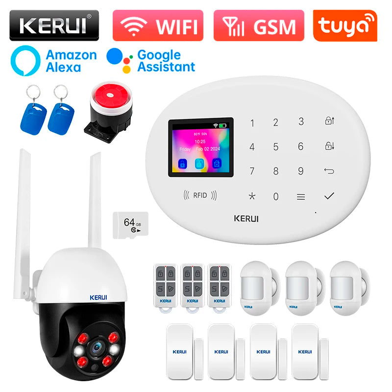 KERUI Tuya Wireless Home Alarm Kit Smart Life WiFi GSM Alarm System for Home Security W202 With 433mhz PIR Motion Sensor Siren