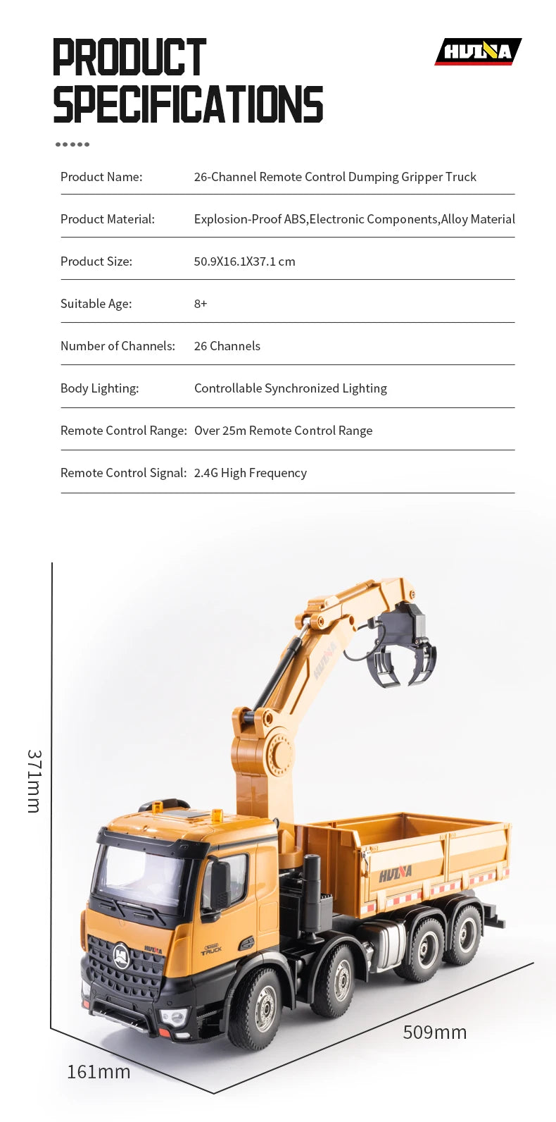 HUINA 1538 26CH RC Semi-alloy Truck 1/14 Remote Control with Wood Grab Dump Engineering Truck Dump Car Model Toy Children