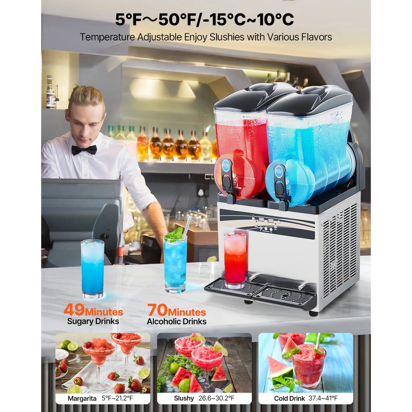 SucceBuy Commercial Frozen Drink Maker 15Lx2 Double Tank Slushy Machine 120Cups StainlessSteel Slushie Maker for Home Party Cafe