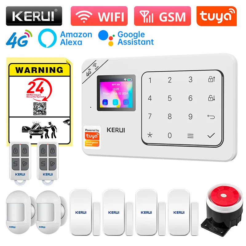 KERUI Home Alarm Worke with Alexa, Tuya Smart Home Sesurity Alarm 4G/WiFi Wireless Burglary Protection, PIR Motion Sensor W184