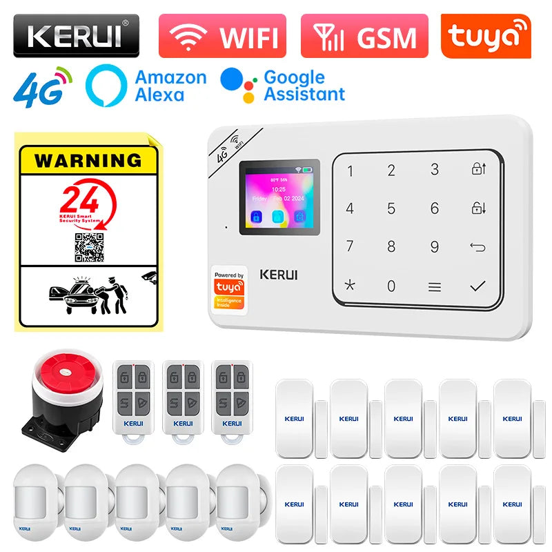 KERUI Home Alarm Worke with Alexa, Tuya Smart Home Sesurity Alarm 4G/WiFi Wireless Burglary Protection, PIR Motion Sensor W184