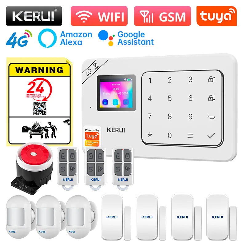 KERUI Home Alarm Worke with Alexa, Tuya Smart Home Sesurity Alarm 4G/WiFi Wireless Burglary Protection, PIR Motion Sensor W184