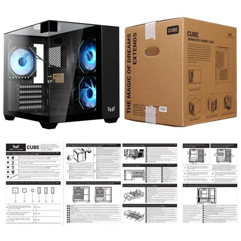 Yeah Magic CUBE Computer Case 3-Panel Tempered  Panoramic View 3 Pre-Installed Cooling Fans Supports MATX/ITX Motherboard