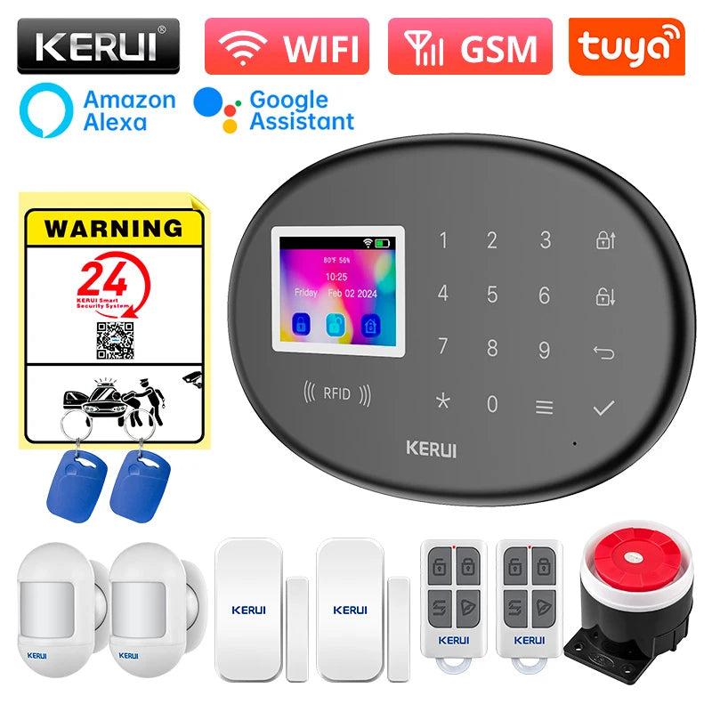 KERUI WiFi Intteligent Alarm for Home Security Alarm System Smart Life Tuya Burglar Alarm with Door/Window Sensor W202 Black